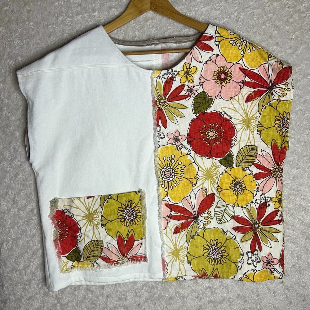 Patchwork Top Floral Print‎ Sleeveless White Crew Neck Fashion Top